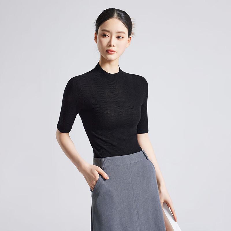 Fengxun Women's Silk Blend Stand Collar Mid-Sleeve Knit Top