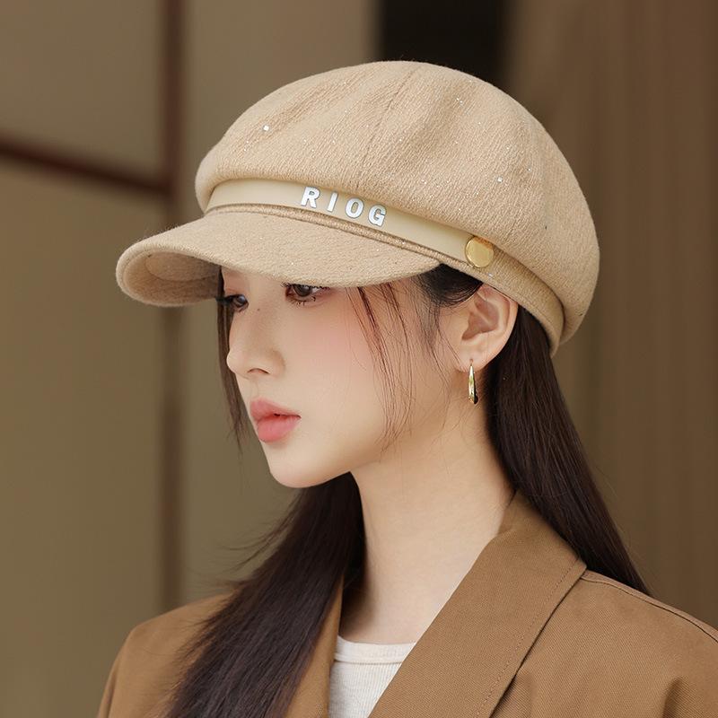 Autumn hat women's big head circumference showing face small octagonal hat retro newsboy hat versatile painter hat