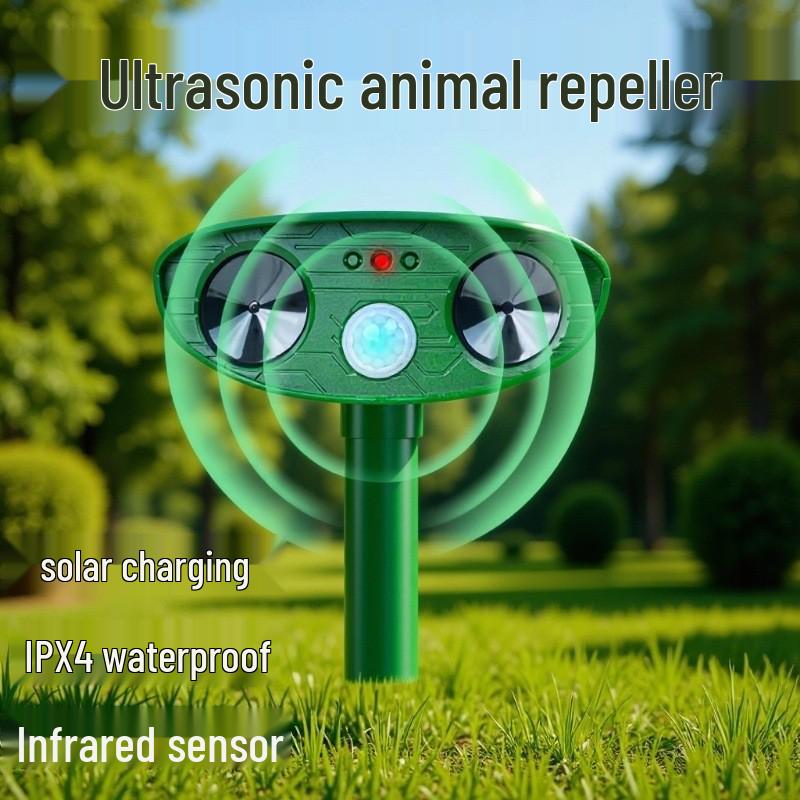 Solar Ultrasonic Animal Repeller with Infrared, Strobe Light & Waterproof Design for Rodents, Cats, and Dogs