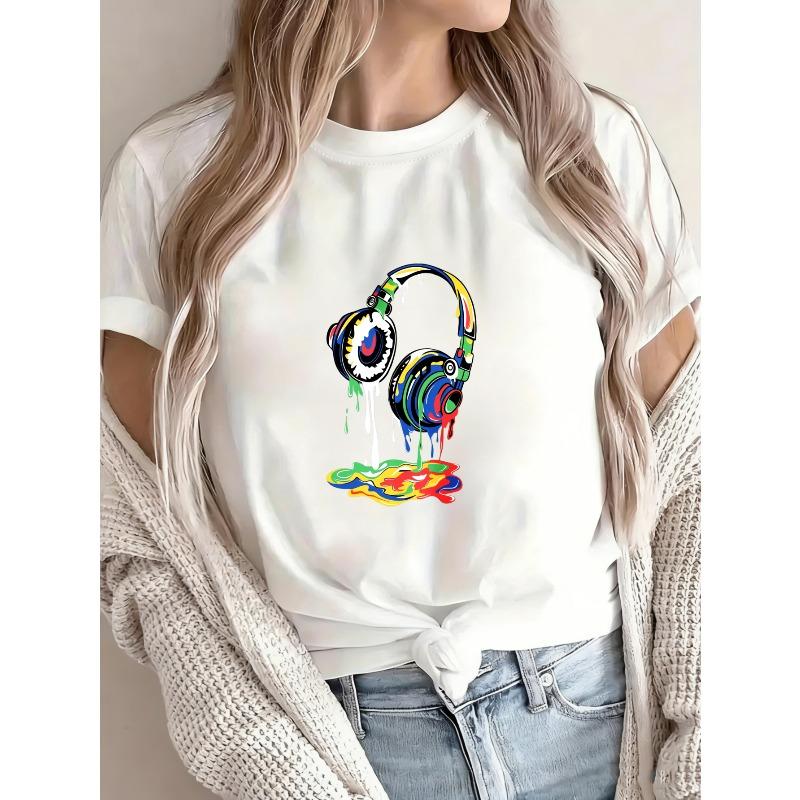 White T Shirt With Colorful Headphones Drip Design For Music Lovers Casual Wear