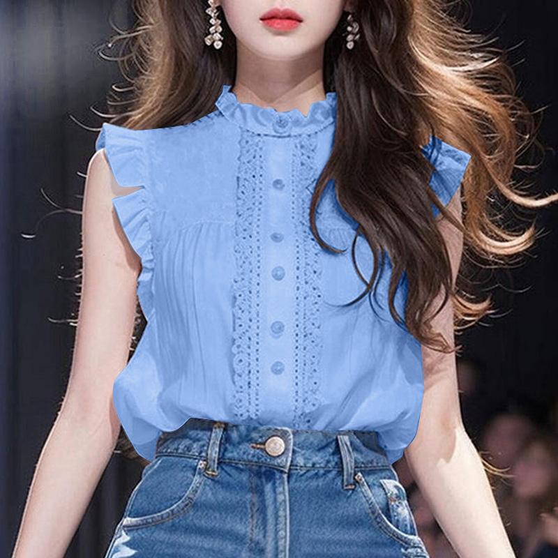 

VONDA Women Summer Lace Round Neck Ruffle Sleeveless Shirts 5XL синій