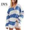 Lady Spring Top Women Sweatshirt Colorblock Striped Turn-down Collar Long Sleeves Buttons Loose Pullover Casual Homewear Sport Clothes Plus Size