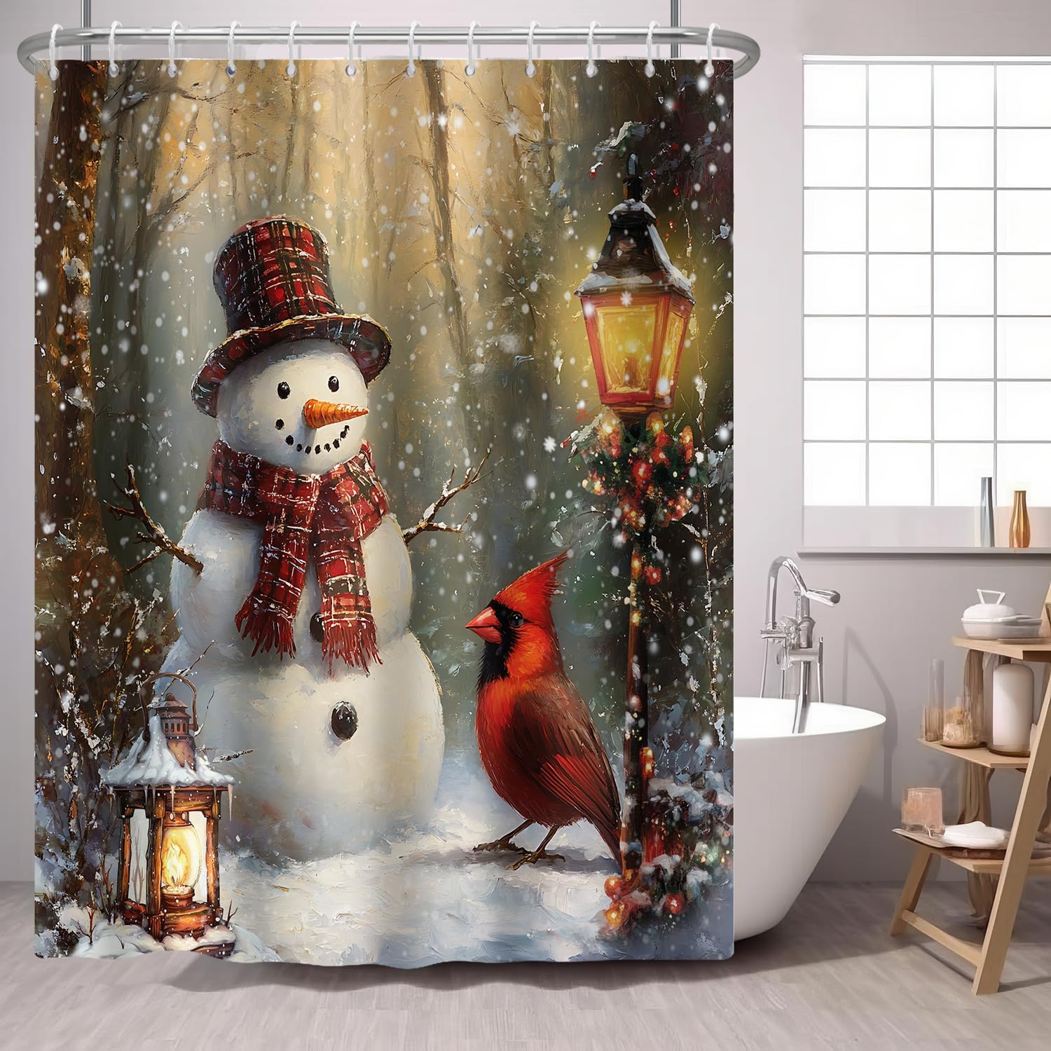 

Christmas Snowman Shower Curtain Winter Garden Vintage Lantern Xmas Garland Farmhouse Pine,Country Holiday Blue Fabric Shower W60H190(CM)-1 Pcs
