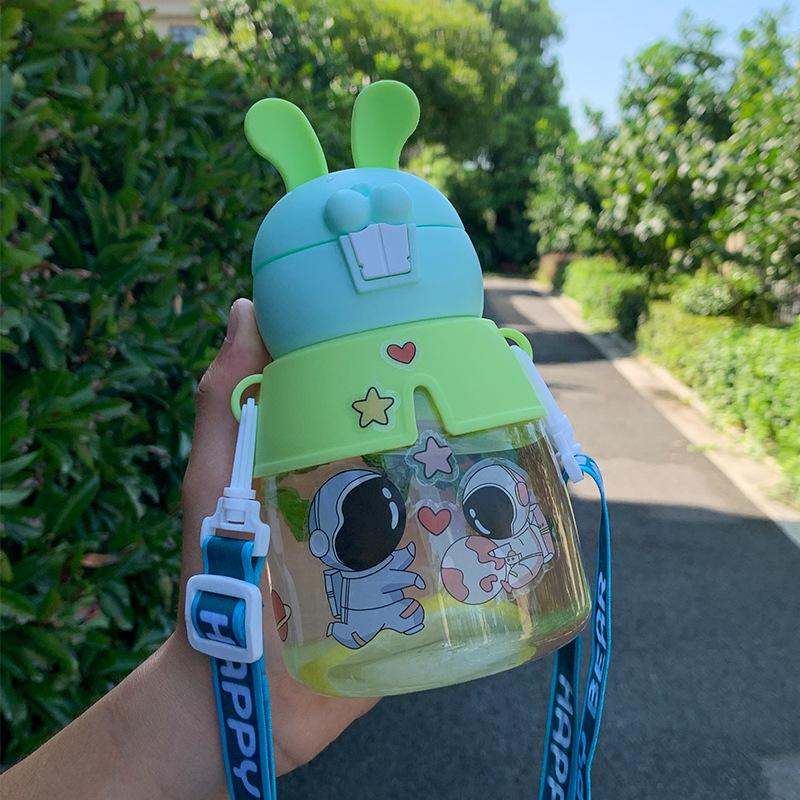 Water bottle high value children's elastic cover plastic water cup rabbit portable with straw cute rabbit large capacity strap cup