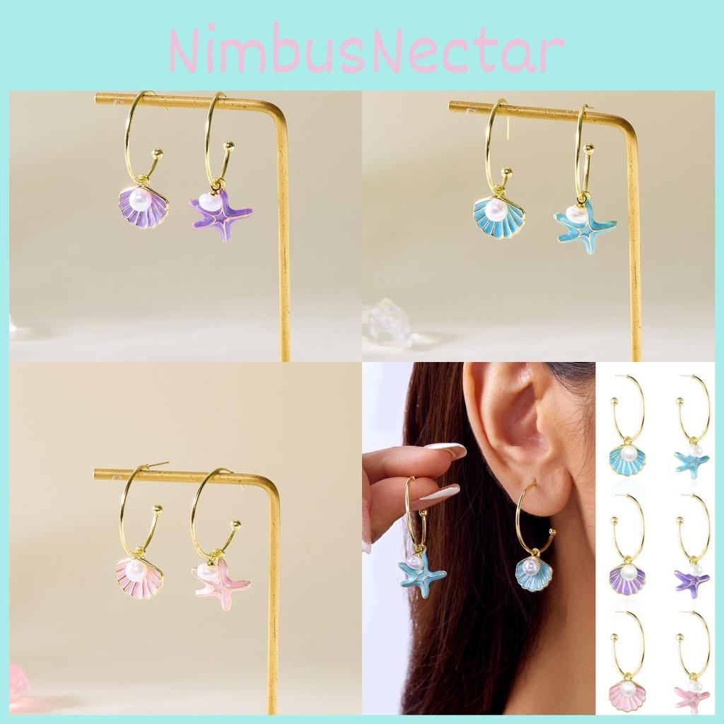 Summer Shell Pearl Drop Earrings For Women With Alloy And French Asymmetric Design