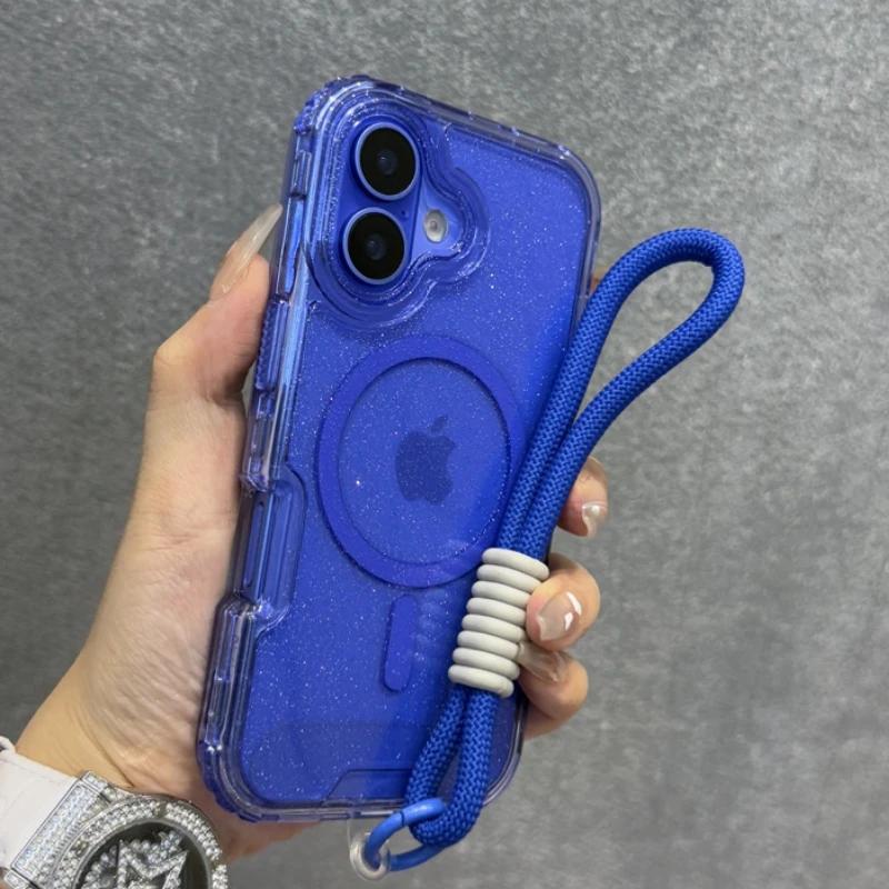 Glitter Transparent Magnetic For Magsafe Case For iPhone 17 15 14 Plus 13 16 Pro Max Wrist Strap Lanyard Shockproof Armor Cover