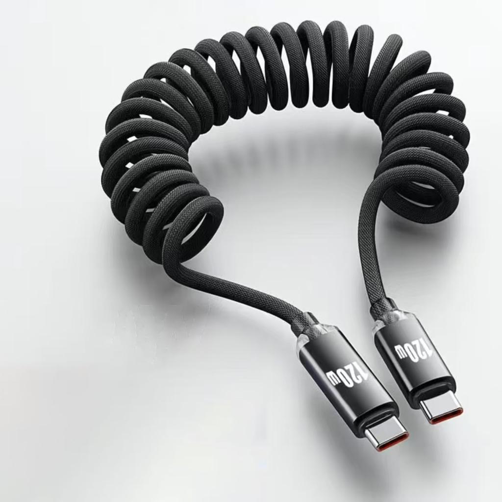 120W Car Type C to USB C Fast Charging For iPhone 17 16 USB A To Type C Spring Telescopic Cable For Samsung Xiaomi Huawei