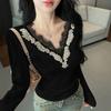 Vintage-Stil Besticktes V-Ausschnitt Strass Spitzen Samt Oberteil, Damen Herbst/Winter Langarm Luxus Basishemd