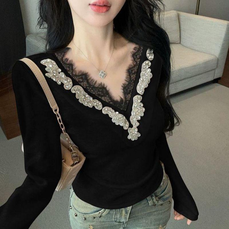Vintage-Stil Besticktes V-Ausschnitt Strass Spitzen Samt Oberteil, Damen Herbst/Winter Langarm Luxus Basishemd