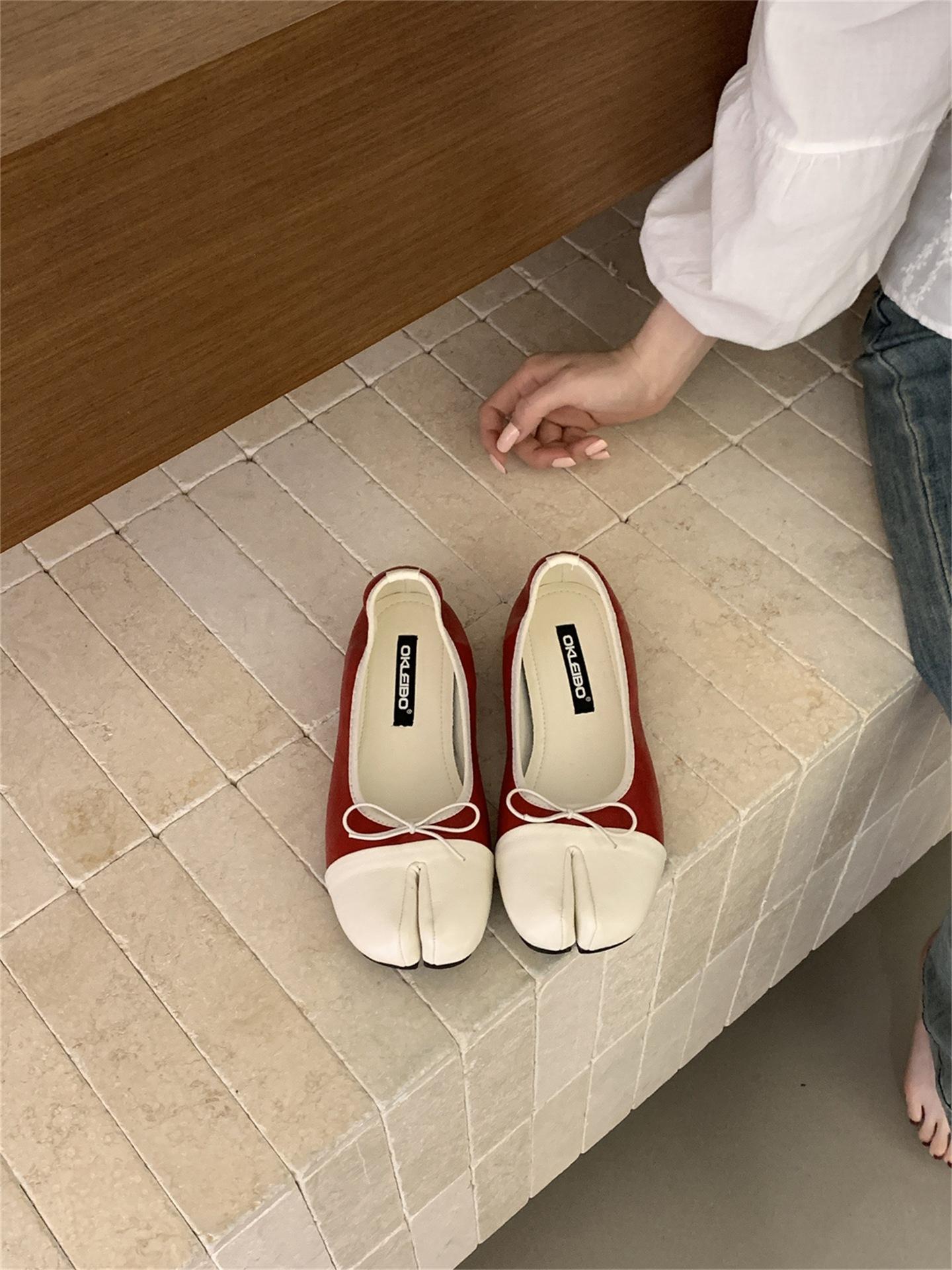 Bow Lace-Up Shallow Mouth Single Shoes Women S Spring Sweet Wind Flat-Bottomed Split-Toed Pig S Trotters Ballet Shoes Women 35 красный