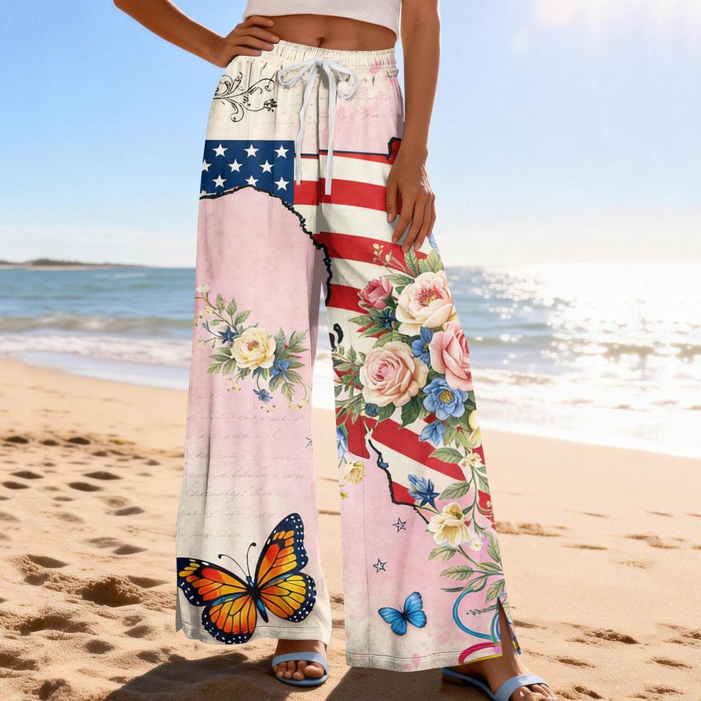 Dámské letní boho palazzo kalhoty s vysokým pasem a širokými nohavicemi, tisk, ležérní kalhoty s kapsami