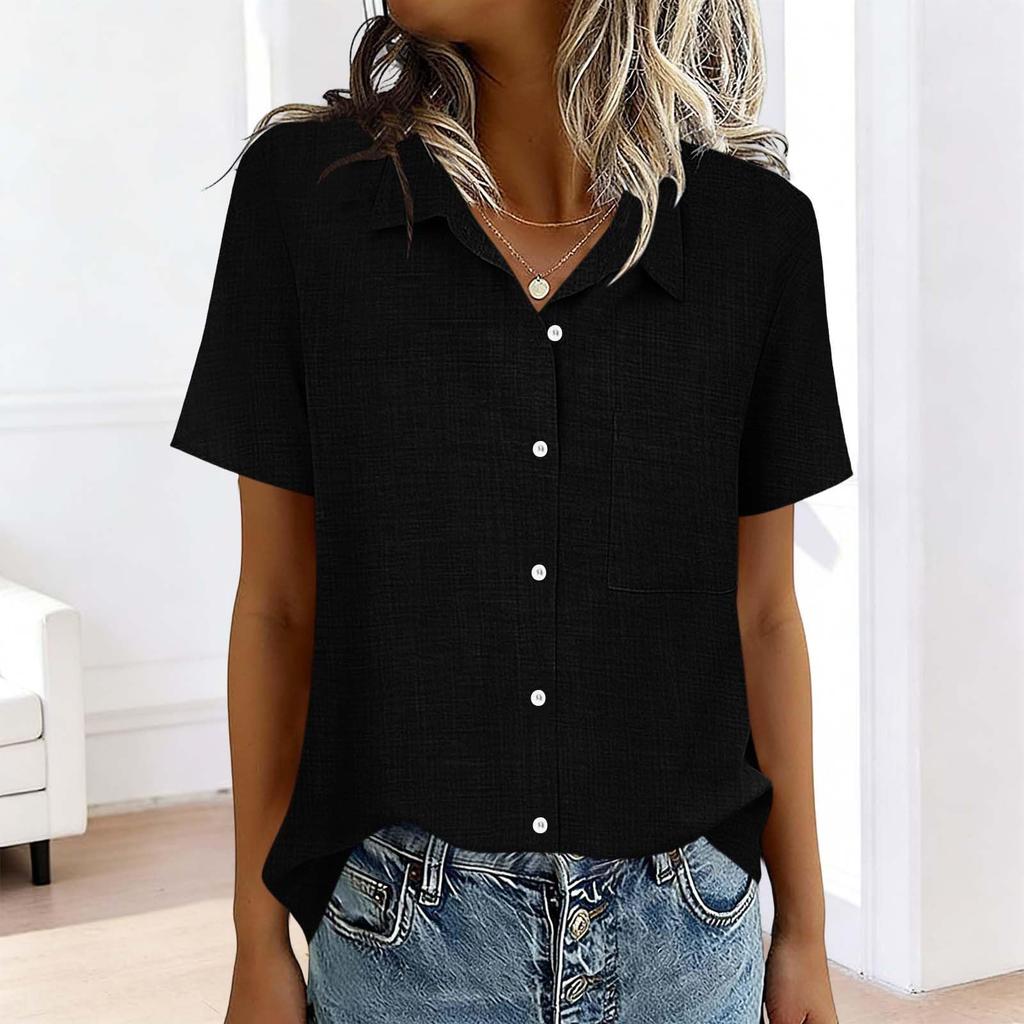 Women's Fashion  Color Standing Collar Short Sleeve Button-Up Shirt T-Shirt Top