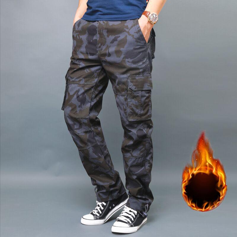 Men's Trendy Fleece-Lined Cargo Pants - Medium-Thick, Multi-Pocket, Plus Size, Loose Straight-Leg for Autumn/Winter