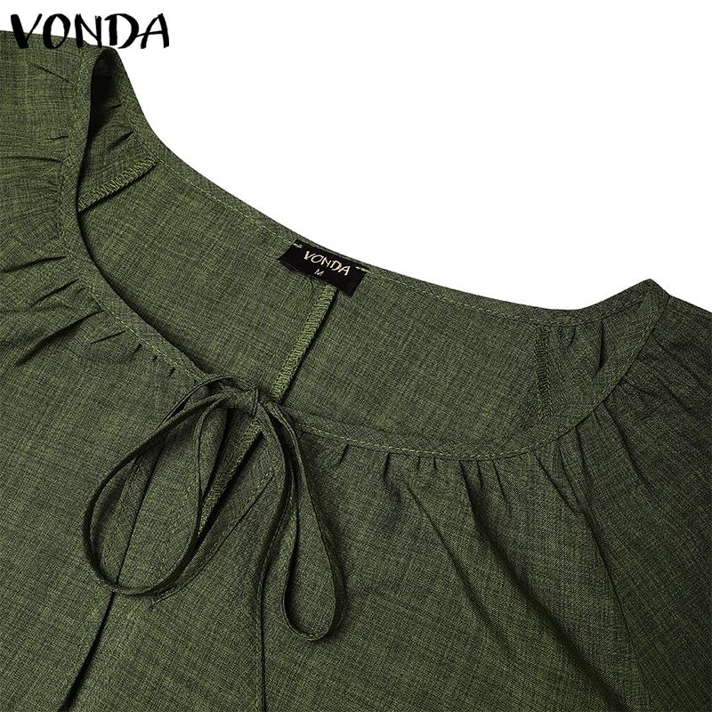 VONDA Women Casual Round Neck 3/4 Sleeve Irregular Ruffled Tunic Dress