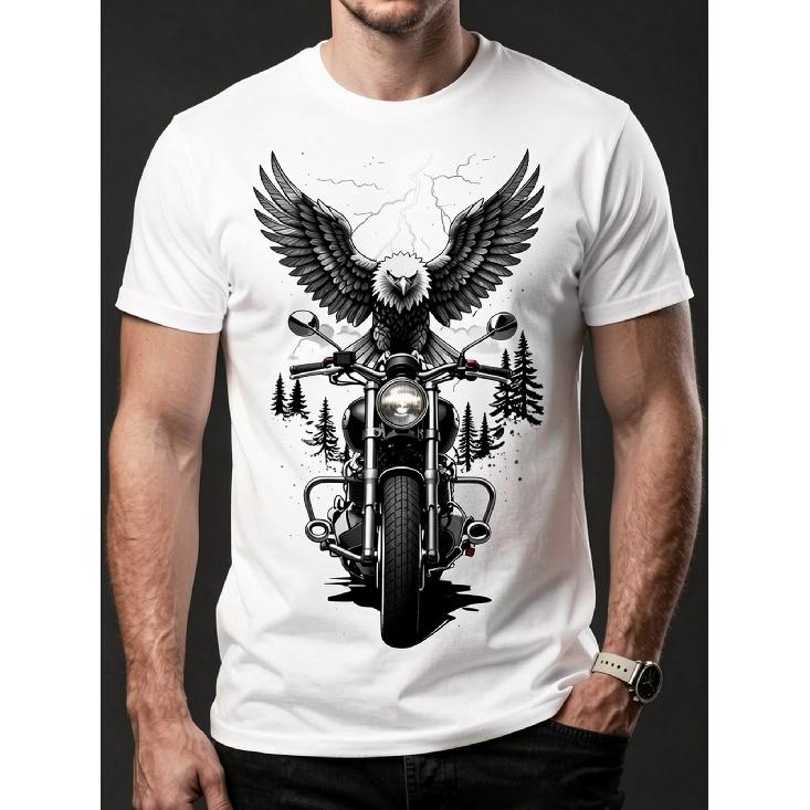 Herren Schwerschwer 100% Motorrad Grafik-T-Shirt - Schwarzes Biker Rebel Tee mit Adler auf Motorrad, Totenkopf & Flügel Design, Gotische Schriftzüge -