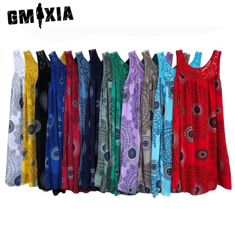 GMXIA Women's Fashion Summer Spring Solid Color Print Sleeveless O-Neck High Waist Casual Dresses