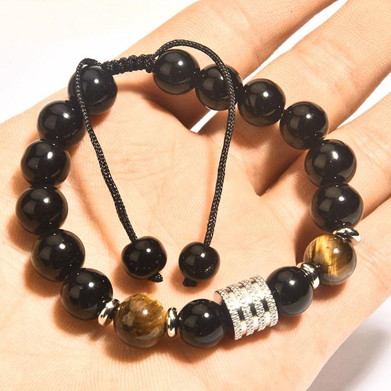 10MM Tiger Eye Stone Beaded Bracelets Hand Chains  Adjustable Black Obsidian Beads Stainless Steel Charm Bracelet for Men
