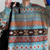 Men Autumn Sweater Geometric Print Colorful Long Sleeves Round Neck Loose Warm Thick O Neck Elastic Spring Sweater for Daily Wear