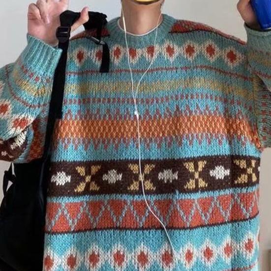 Men Autumn Sweater Geometric Print Colorful Long Sleeves Round Neck Loose Warm Thick O Neck Elastic Spring Sweater for Daily Wear