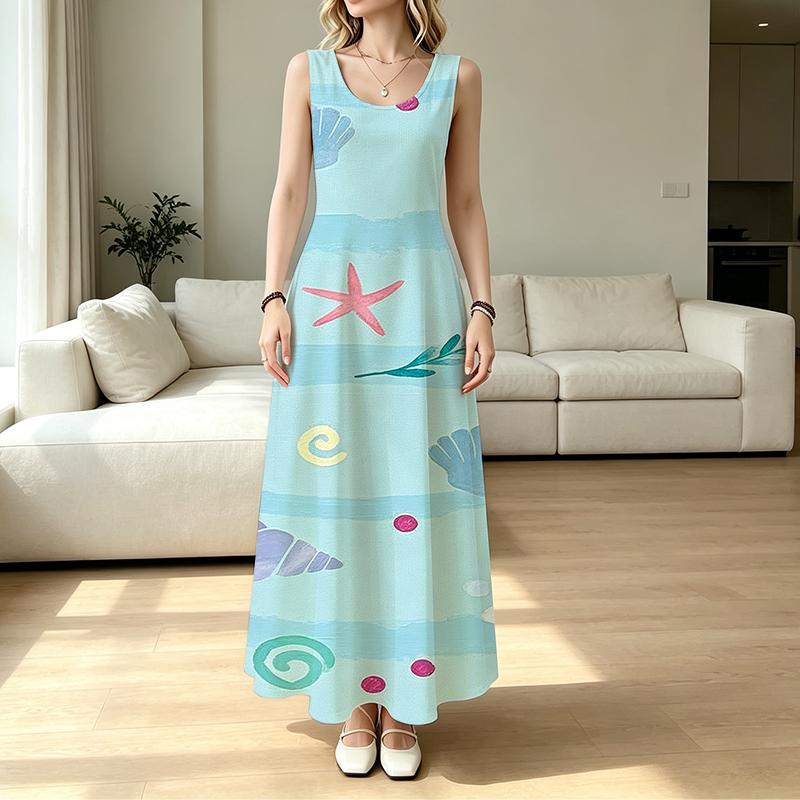 Women's Fashionable Ocean Theme Sleeveless Maxi Dress Summer Beach Vacation Versatile Comfortable Dress for Adult Women Daily Wear