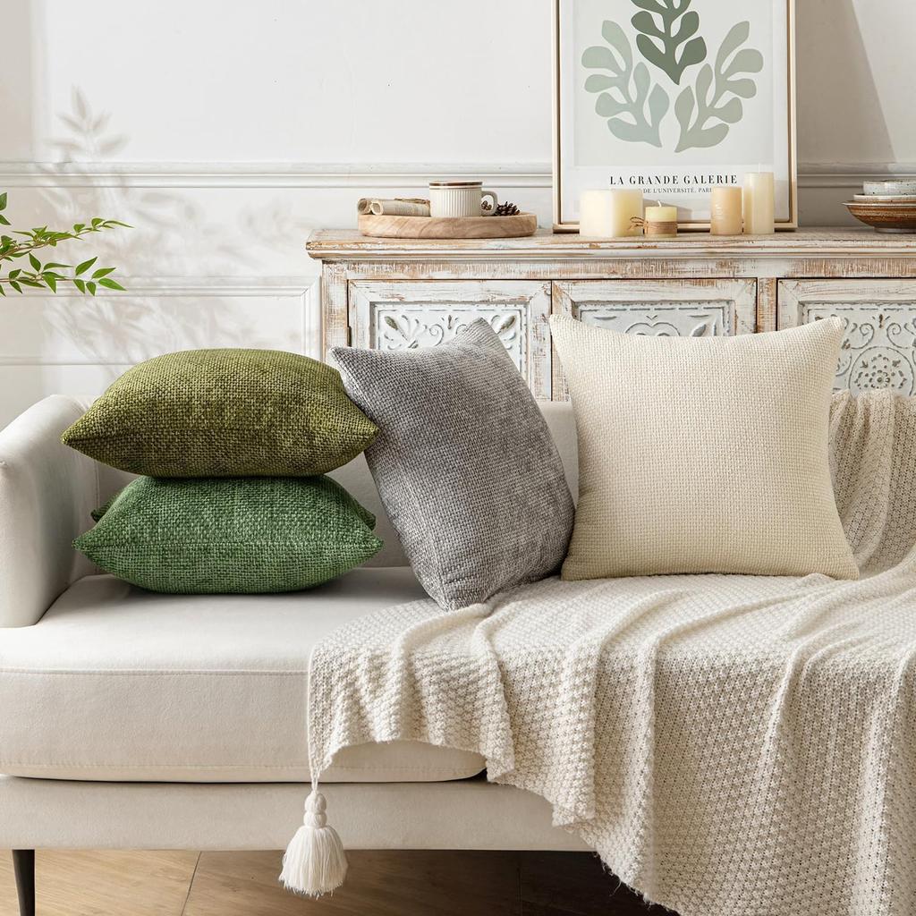 Green Decorative Pillow Covers Soft Chenille Couch Throw Pillows Farmhouse Cushion Cover for Home Decor Sofa Bedroom Living Room