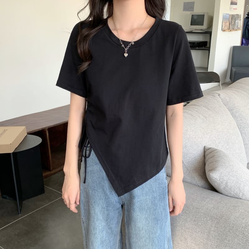 

Летние нерегулярные однотонные футболки Женские футболки с коротким рукавом и круглым вырезом, повседневные, тонкие, эластичные, со шнурком, укороченные топы y2k, женская одежда M