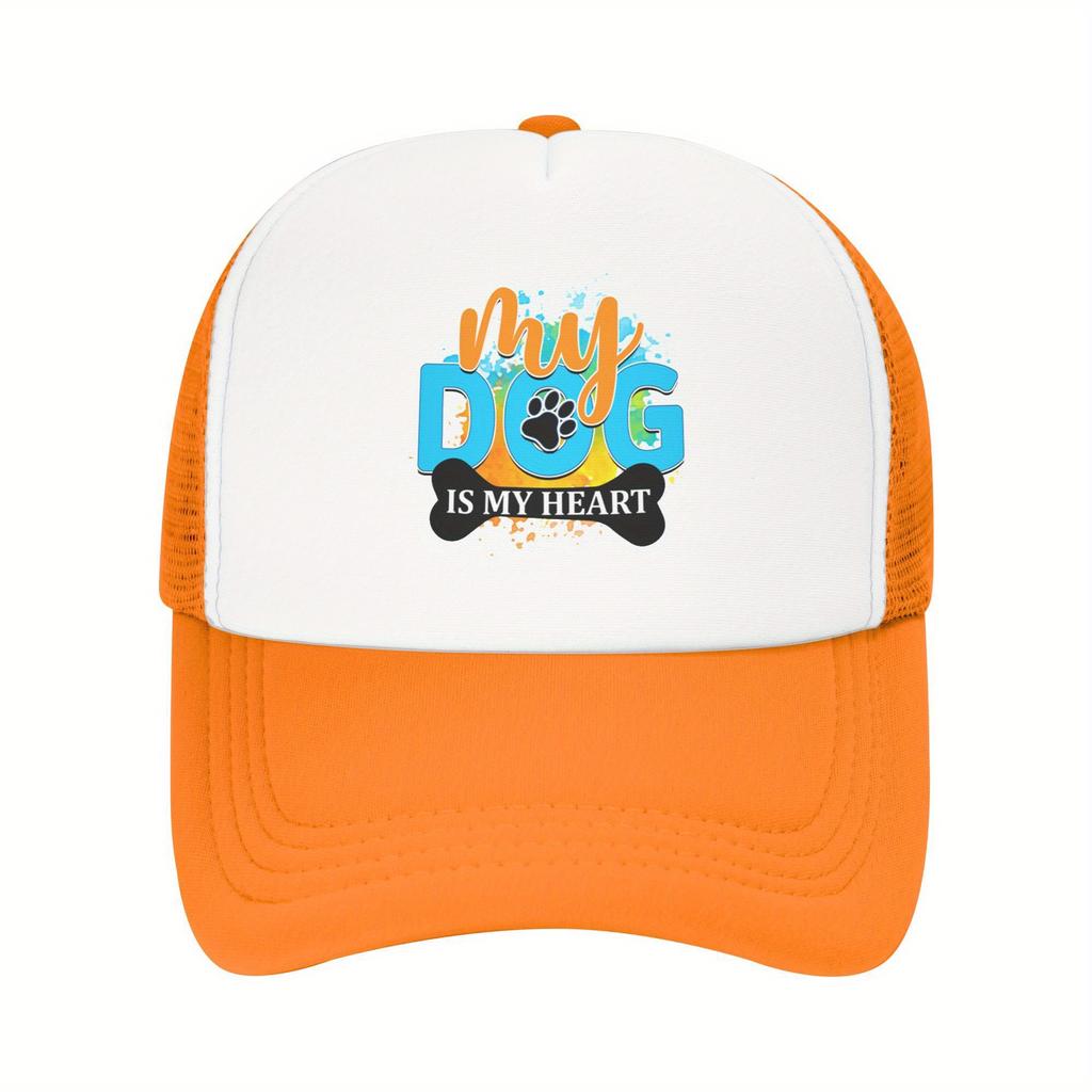 My Dog Is My Heart Paw Print Graphic Trucker Hat Polyester Breathable Casual Baseball Cap for Adults