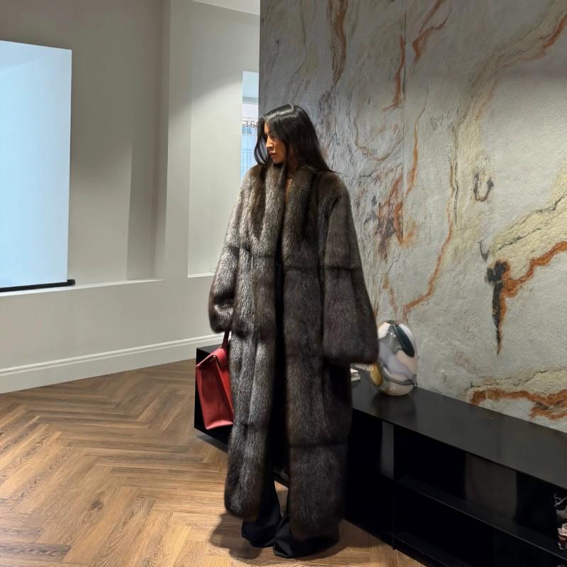 Womens Faux Fur Coat Loose Fit Long Length Stand Collar Warm Winter Outerwear Solid Color