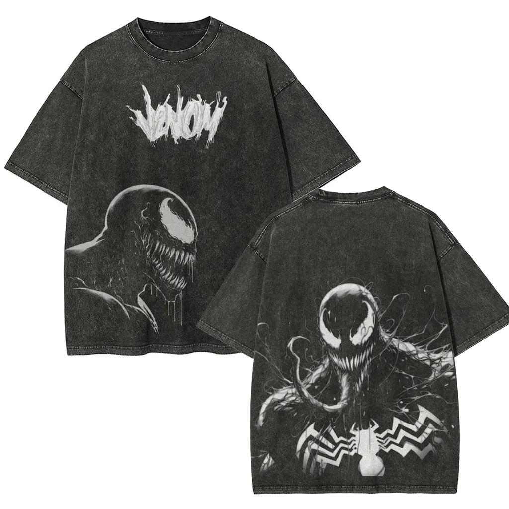 T-shirt Oversize a Maniche Corte Lavaggio Acido con Grafica Marvel Spider-Man Tuta Simbionte, con Simboli del Ragno sul Petto e Grafica sul Retro in Stile Cimitero