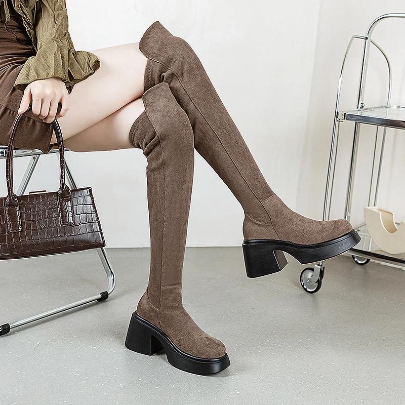 Mode Top-Qualität 8cm Stretch-Stoff Synthetisch Damen Herbst Atmungsaktive Schuhe Plateau Keil Mode Winter Slipper Overknee-Stiefel
