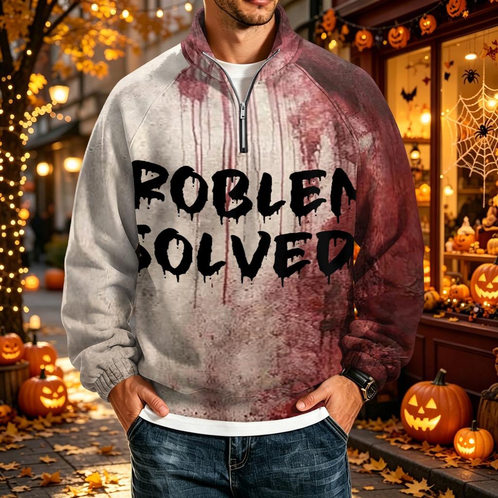 Men's Halloween Print Raglan Sweatshirt Loose Fit Stand Collar Casual Top