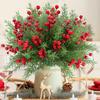 4 Bundles Artificial Christmas Flowers with Red Berry Stems Fake Norfolk Pine Garland Branches Faux Christmas Garland for Indoor