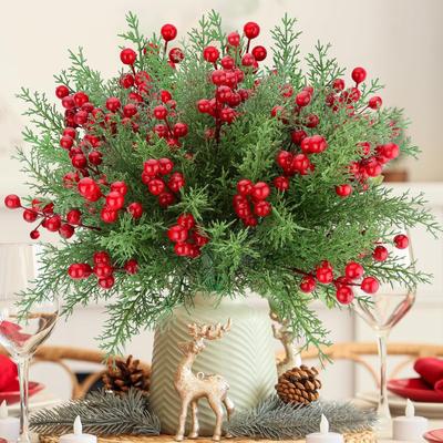 4 Bundles Artificial Christmas Flowers with Red Berry Stems Fake Norfolk Pine Garland Branches Faux Christmas Garland for Indoor
