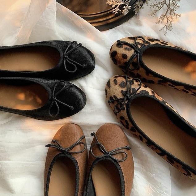 Grape Family Cowhide Pony Hair Leopard Print Bow Flats - Women’s Versatile Round Toe Casual Shoes