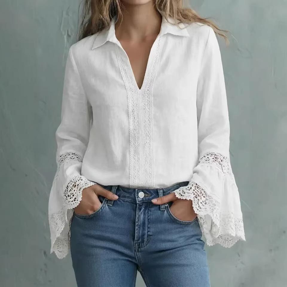 Women's V Neck Lace Sleeve Blouse Ruffle Cuff Loose Fit Shirt