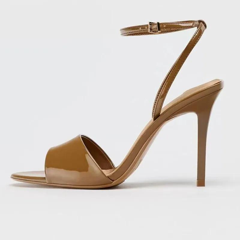 Fashion Brown Patent Leather Heeled Sandal Women Fashion Pointed Toe Ankle Buckle Brand Designer Shoe Summer Sexy Open Toe Zapatos Mujer