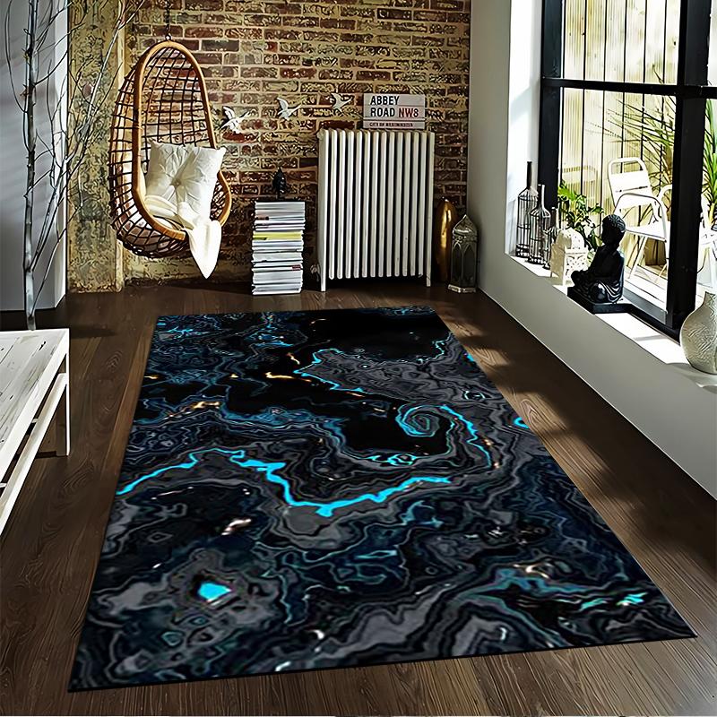 Modern Abstract Marble Pattern Carpet with Black and Blue Swirls Suitable for Use As an Anti-slip for Living Room Bedroom Sofas