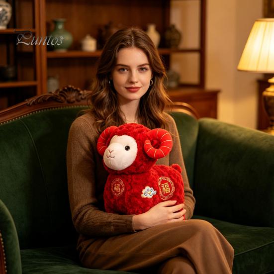 Chinese New Year Auspicious Decor Sheep Plush Toy, Zodiac Mascot Lamb Doll with Festive Fu Cute Curly Animal Character, for Lunar Decoration