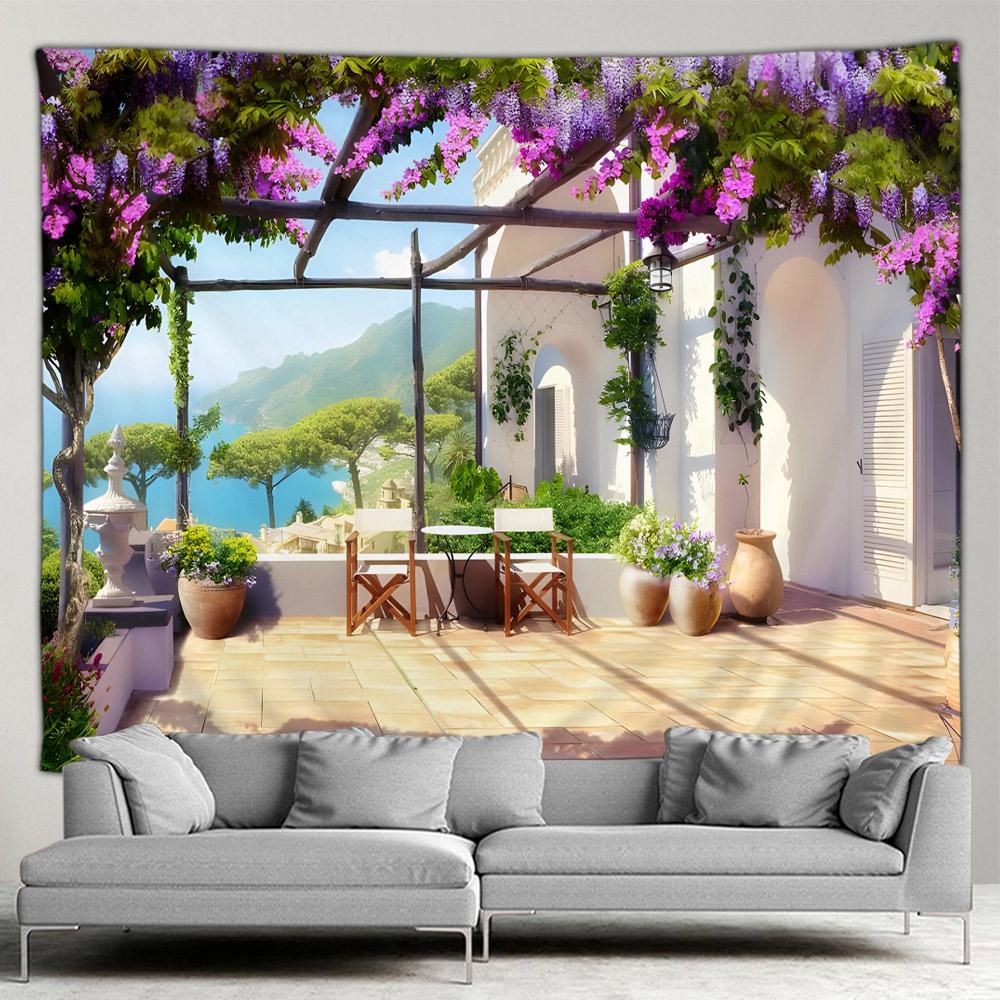 Griechenland Stadt Hippie Wandteppich Frühlingsblumen Straße Wandteppich Haus Hof Terrasse Wandbehang Kunst Wohnzimmer Wandmalerei Wandteppich