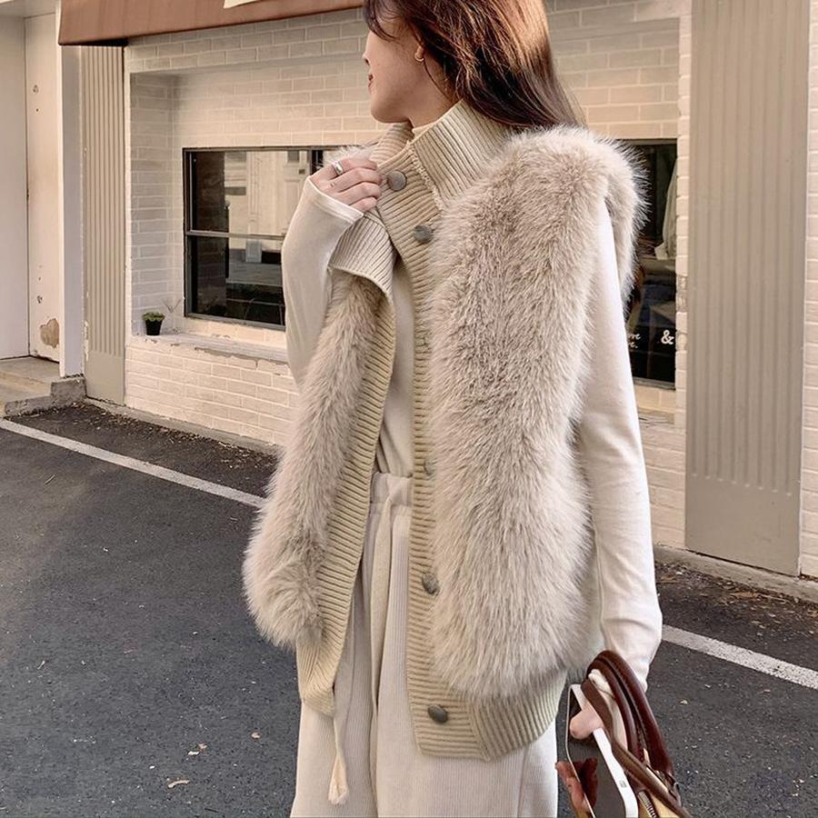 Korean Style Stand Collar Faux Fur Knit Sweater Women's Coat Autumn Winter New Style Loose Elegant Knit Cardigan