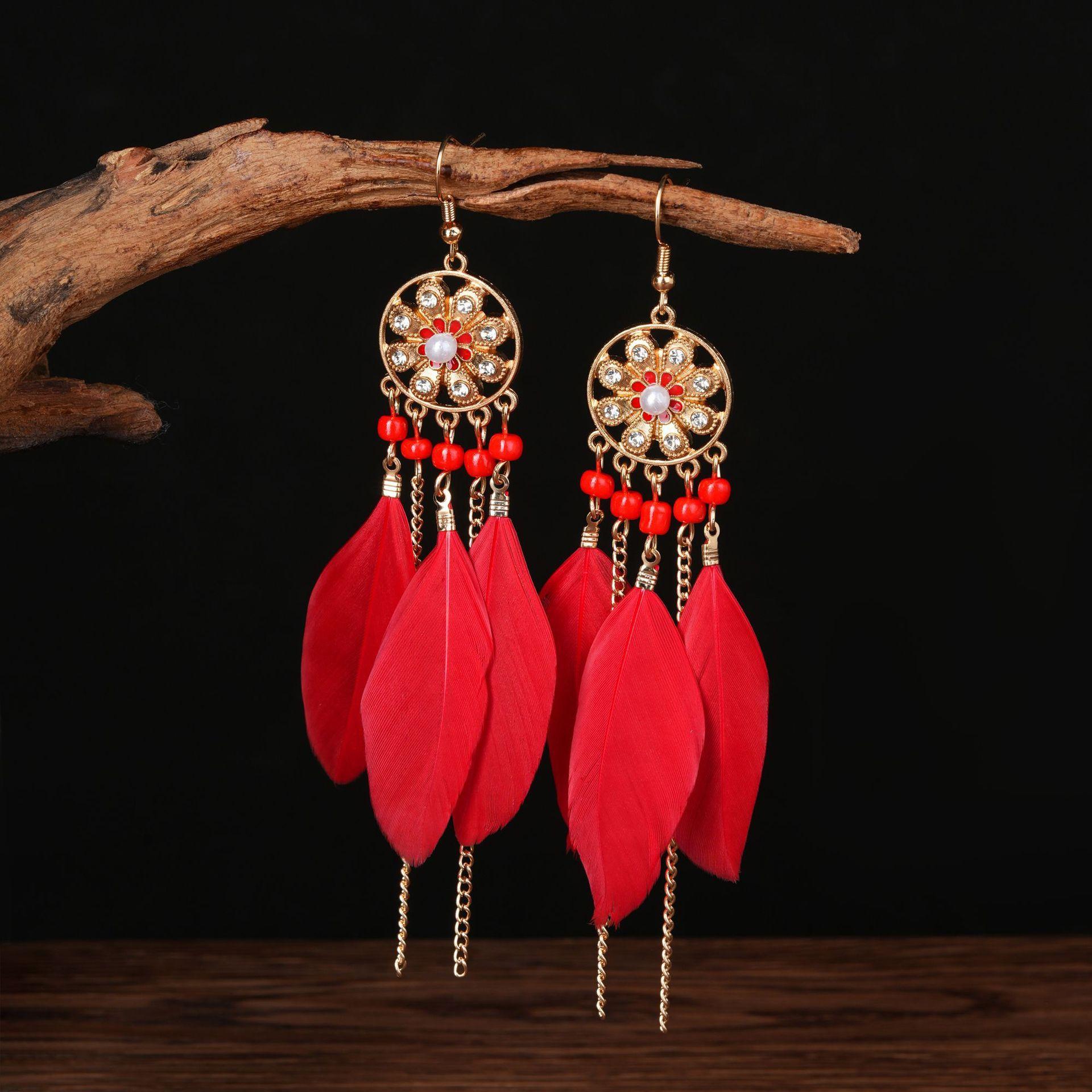 

Этнический стиль длинные серьги с перьями и бахромой красные женские модные ретро-серьги в национальном стиле праздничные фотоукрашения