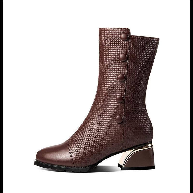 Móda CINESSD 2025 Nové Zimní Kožené Módní Dámské Kozačky Hlava Hovězí Kůže Špičaté Silný Podpatek Kotníkové Kozačky Šaty Dárek Ovčí Kůže