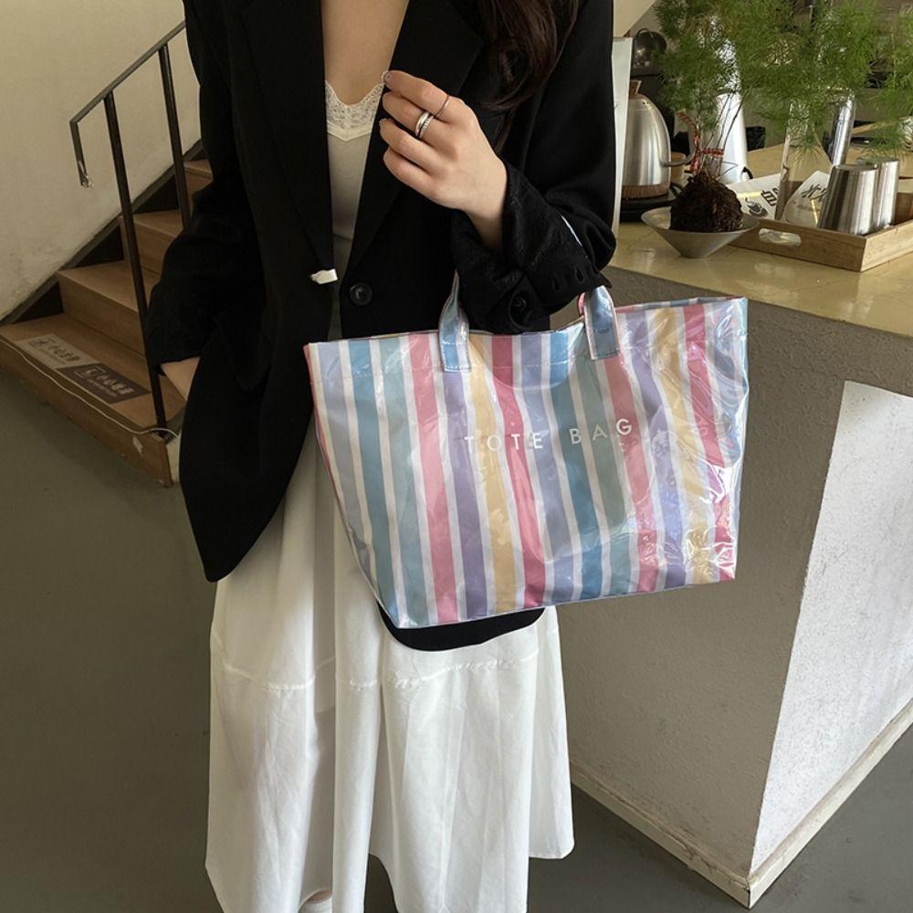 Simple Waterproof PVC Striped Tote Bag Letter Print Large Capacity Transparent Jelly Bag Tote Pouch Stripe Beach Bag Storage Bag