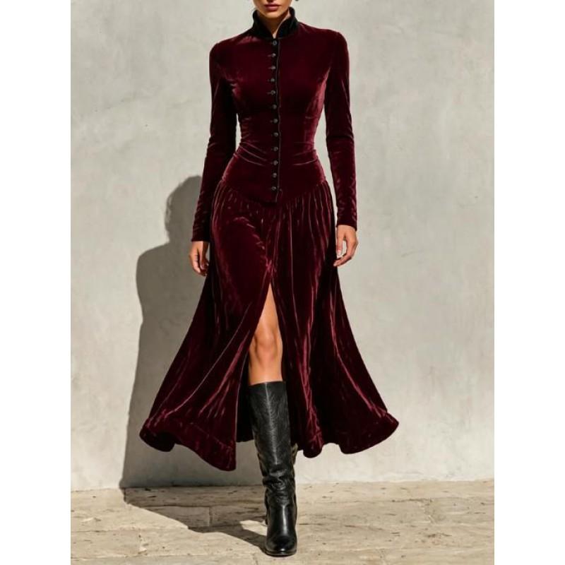 2026 Fall Winter Solid Button Long Sleeve Stand Collar Slit Elegant Dress Women