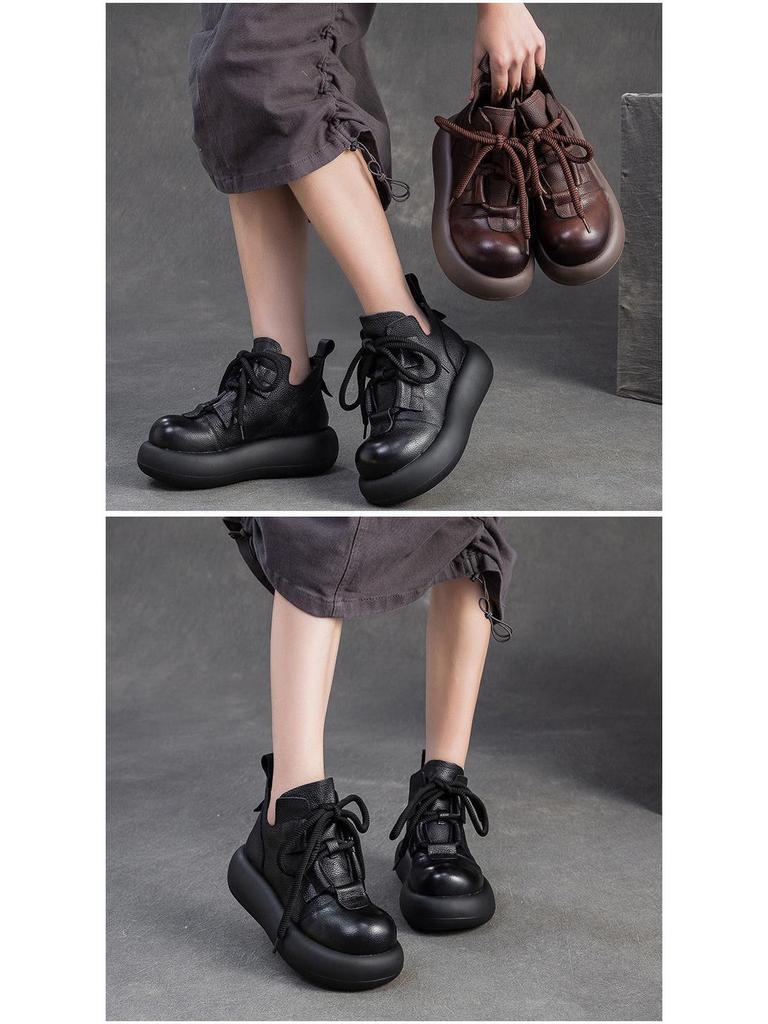 Genuine Soft Leather Martin Boots - Warm, Stylish & Versatile Retro Ankle Boots for Women, with Thick Platform Sole.