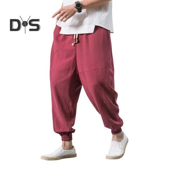 

Летние мужские брюки-шаровары, свободные карманы до щиколотки, чистый цвет, большие размеры, японский стиль, глубокая промежность, повседневная одежда, длинные брюки L красный