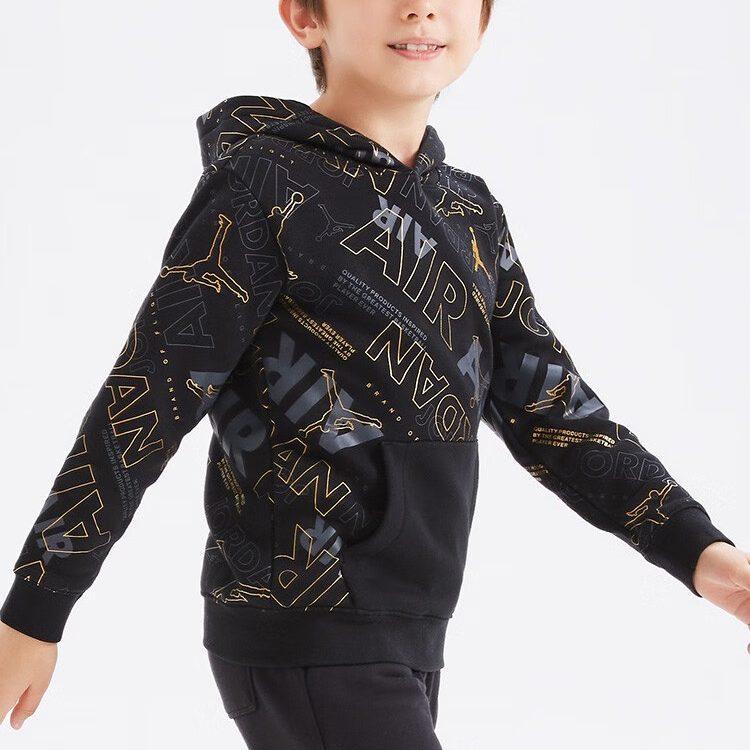 Jordan Sweatshirt Kids' Apparel, Letter Logo All Over Print Thermal Fleece Lined Hooded Long Sleeved Jet Black Kids' JD2242049GS-001