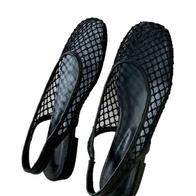 Leather Korean Version Mesh Fishing Net Bag Head Sandals Women's 2025 New Summer Niche Flat Bottom Empty Cool Slippers Single Shoes