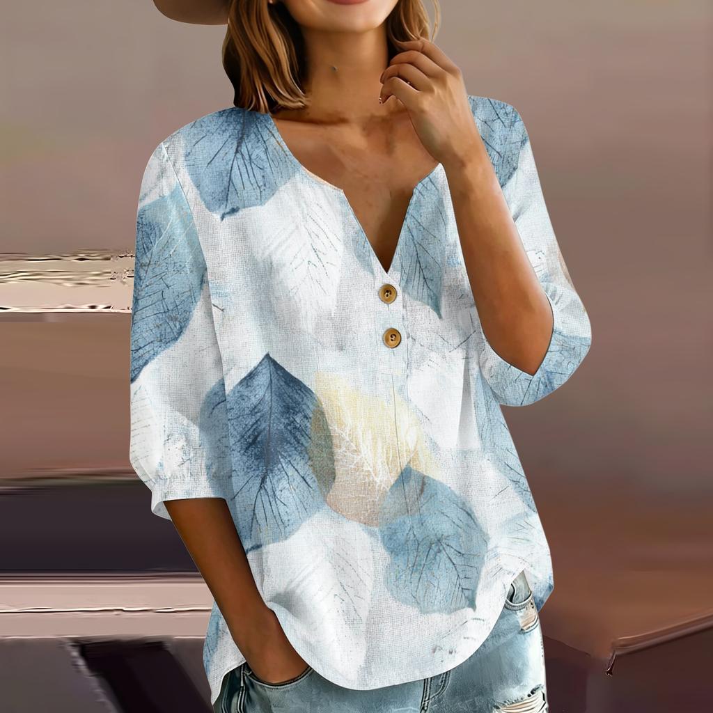 Women’s Fashion Printed Henley Neck Cotton Linen Shirt with Button Front and Three Quarter Sleeves for Casual Wear
