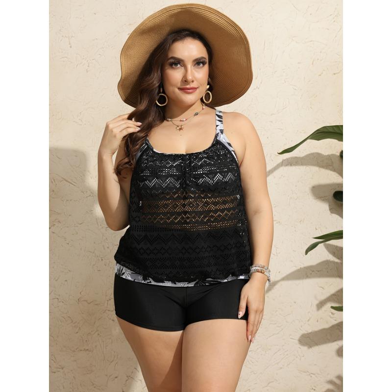 

Комплект танкіні великого розміру для відпустки, Жіночий комплект з двох предметів: топ-камі на бретелях з вишивкою рішельє та квітковим принтом і шорти для плавання 0XL(12) чорний